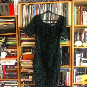 Collectif Vintage Pencil Dress UK 16/US 12 Green with Black velvet brocade